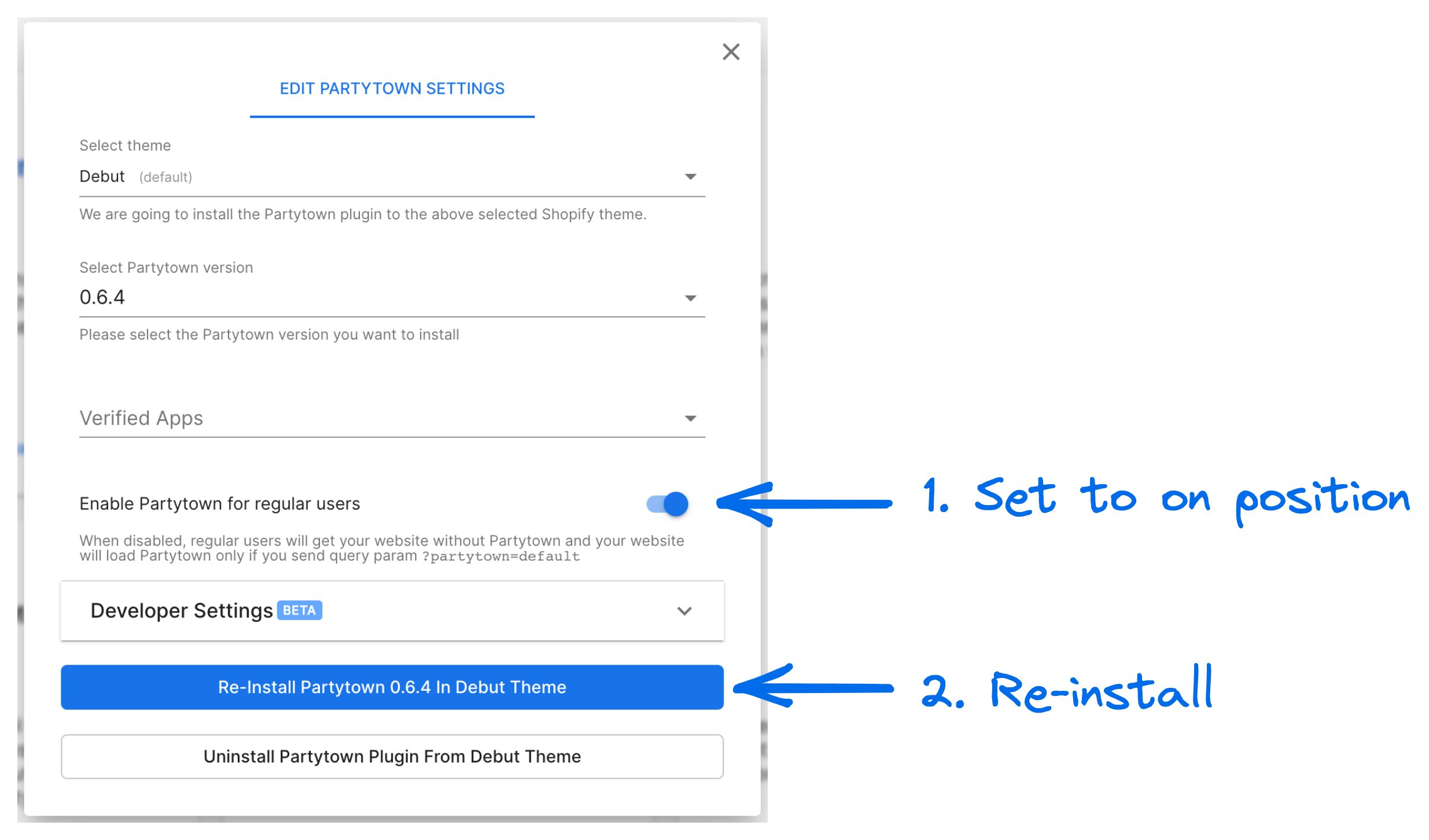 Image showing where to find the Enable Partytown switch and the Reinstall button.